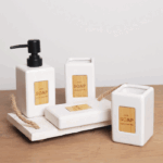 Sleek Nordic Ceramic Bathroom Set with Bamboo Accents - 4-Piece Ensemble - White