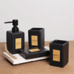 Sleek Nordic Ceramic Bathroom Set with Bamboo Accents - 4-Piece Ensemble - Black