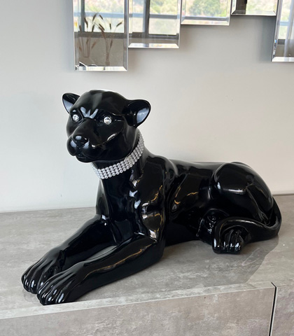 Large Black Resin Sitting Leopard Statue