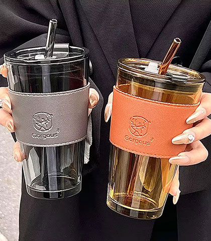 Glass Mug with Straw – Available in Amber & Black