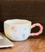 Designer Hand-Painted Relief Mug – 400 ml – Creative Twist Handle – Pink & Yellow - Image 2