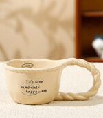 Creative Knotted Ceramic Coffee Cup – 330 ml – Big Ear Handle – Beige, Brown & Green - Image 2