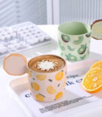 Fruit Ceramic Mug with Lid – 420 ml Large Capacity – Available in Pink, Blue, Yellow & Green - Image 2
