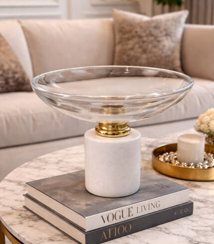 Luxury Glass Bowl with Marble Base & Gold Accent