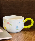 Designer Hand-Painted Relief Mug – 400 ml – Creative Twist Handle – Pink & Yellow - Image 3