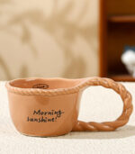 Creative Knotted Ceramic Coffee Cup – 330 ml – Big Ear Handle – Beige, Brown & Green - Image 3