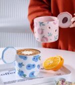 Fruit Ceramic Mug with Lid – 420 ml Large Capacity – Available in Pink, Blue, Yellow & Green - Image 3