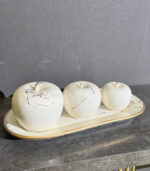 Ceramic Apples Set of 3 with Tray – Modern Decorative Apple Figurines in Beige, White & Gray - Image 3
