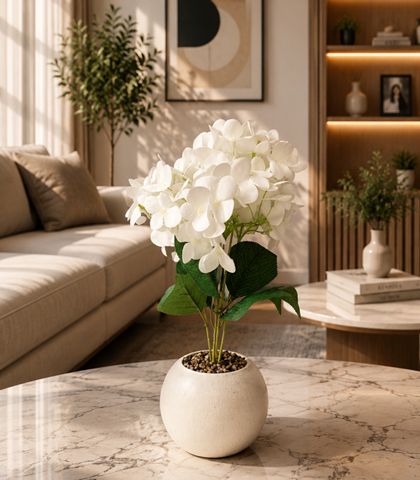 Artificial White Flower Plant in Plastic Pot