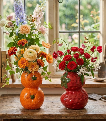 Orange & Strawberry Ceramic Fruit Vase