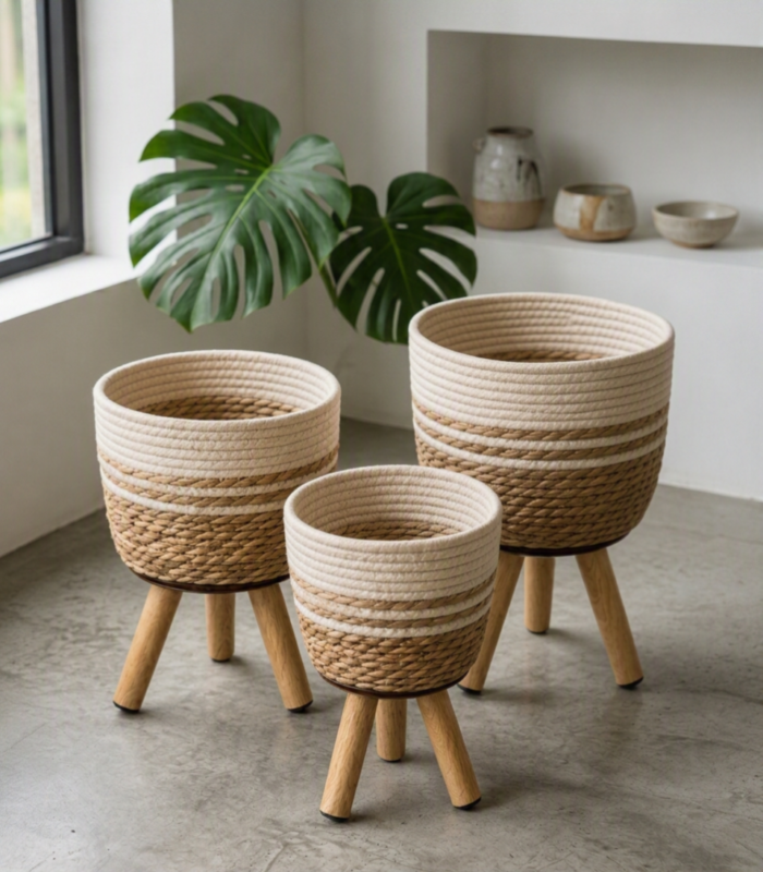 Jute Pots with Bamboo Legs Set of 3