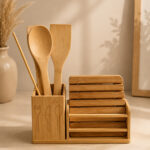 Bamboo Kitchen Cutlery Stand with Cutlery Set