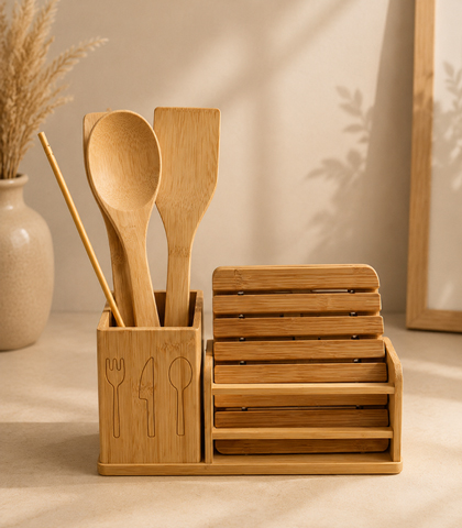 Bamboo Kitchen Cutlery Stand with Cutlery Set