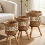 Set of 3 Jute Planters with Wooden Legs