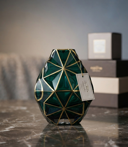 Modern Green Glass Vase with Gold Lines Modern Green Glass Vase with Gold Lines