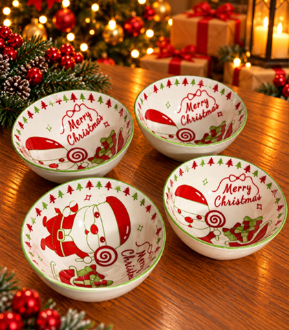 Set of 4 Santa Print Christmas Bowls